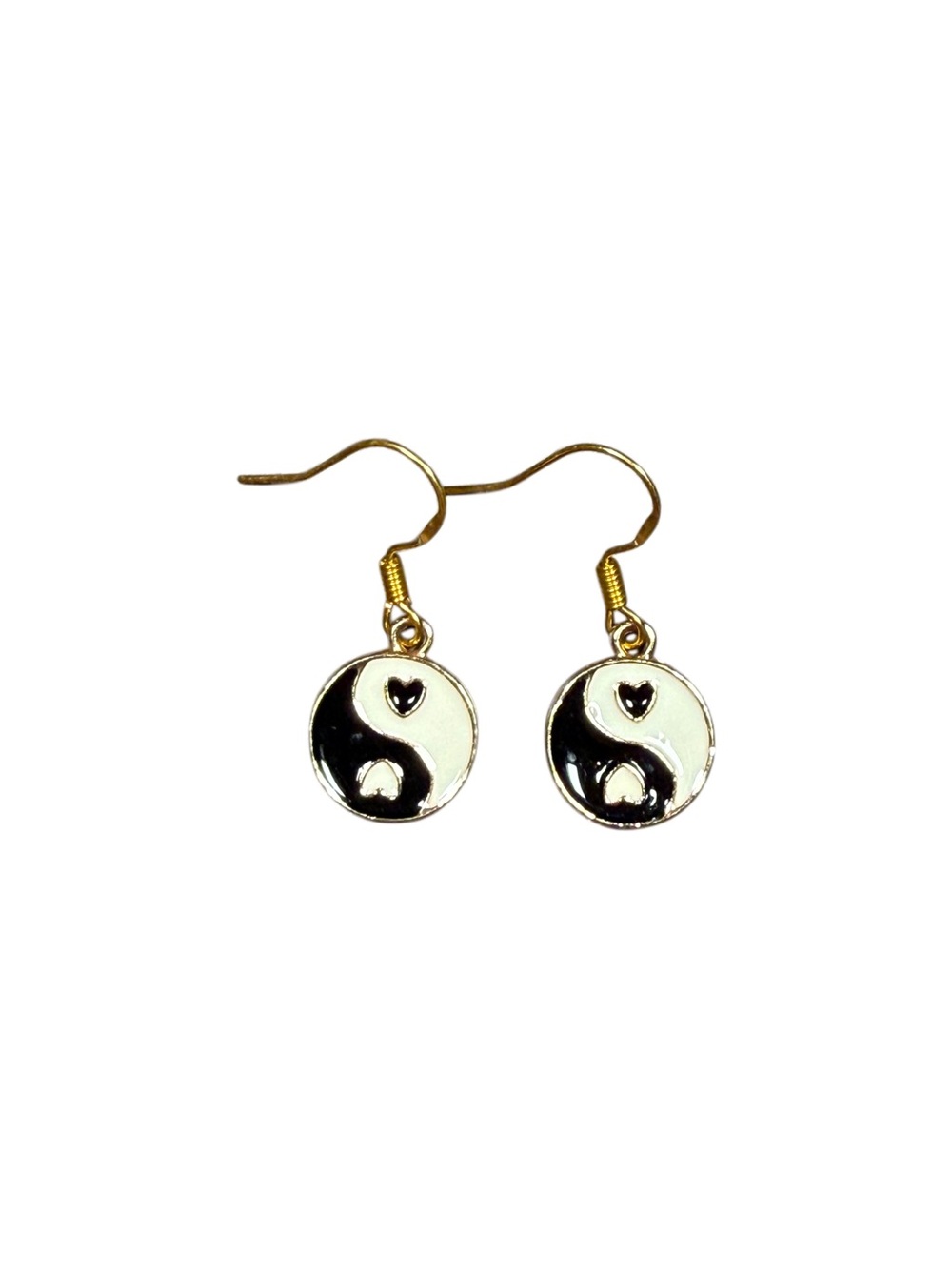Gold Yin Yang Heart Drop Earrings in Black & White